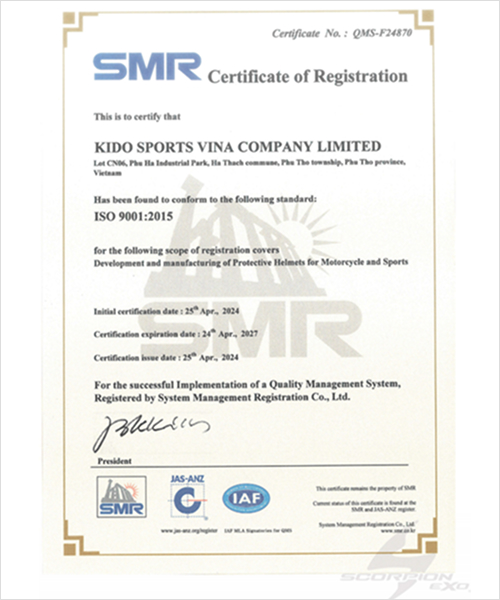 Kido Sports Vina ISO 9001:2015 품질경영시스템 등록 인증서